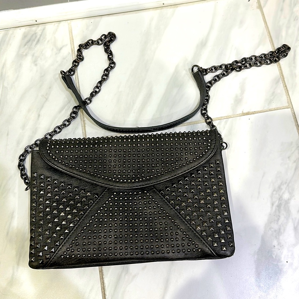 Metallic gray studded crossbody bag